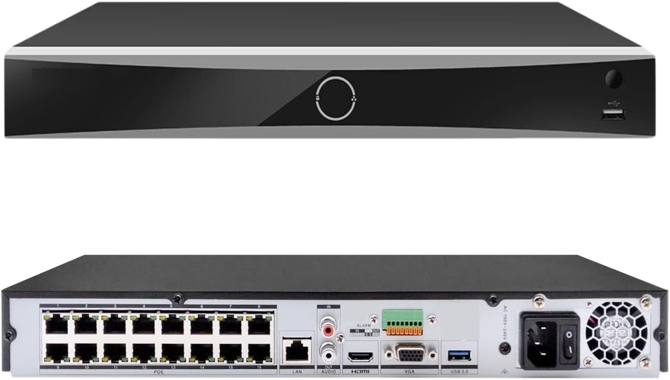 NVR 12 Megapixel (4K) / 16 Canales IP / 16 Puertos PoE+ / Reconocimiento Facial / AcuSense (Evita Falsas Alarmas) / 2 Bahías de Disco Duro / Switch PoE 300 mts / HDMI en 4K / Alarmas I/O / 300 Metros PoE Modo Extendido